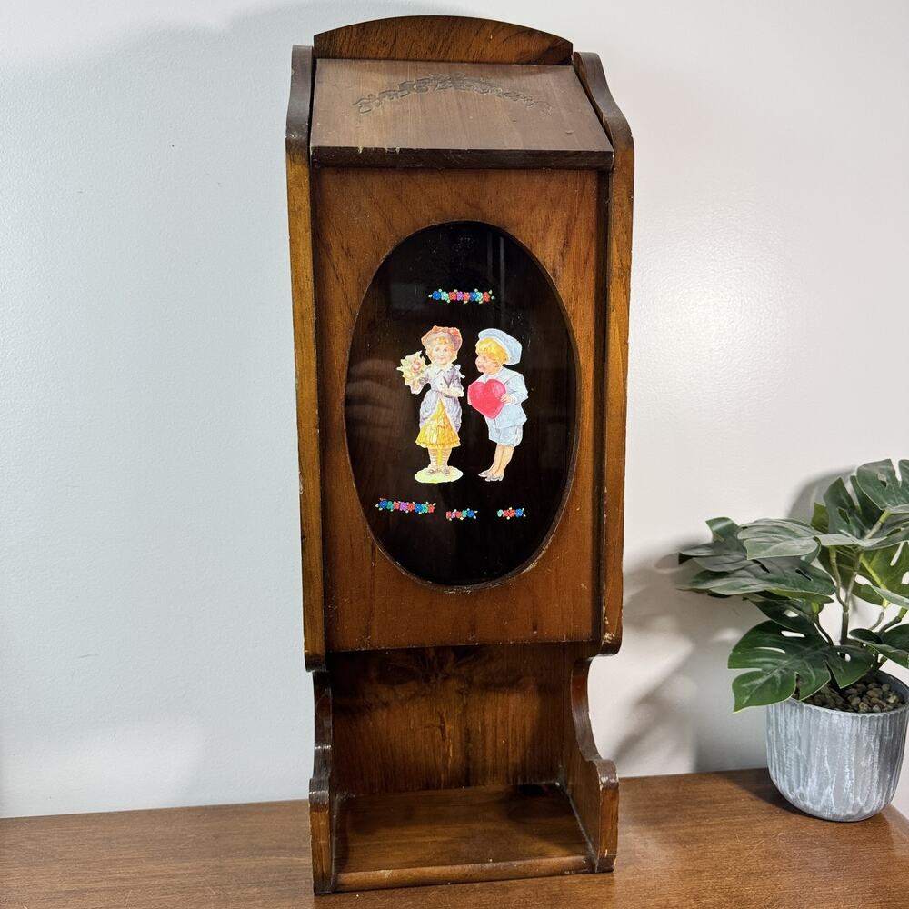 Vintage Wooden Wall Mount Mail Holder Box w/ Hinged Lid & Decorative Front